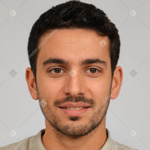 Joyful white young-adult male with short  black hair and brown eyes