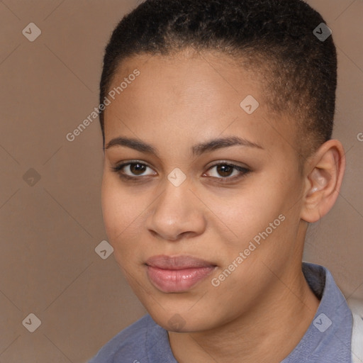 Joyful black young-adult female with short  brown hair and brown eyes