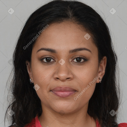 Joyful latino young-adult female with medium  brown hair and brown eyes