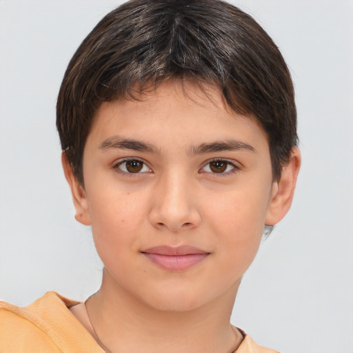 Joyful white child female with short  brown hair and brown eyes