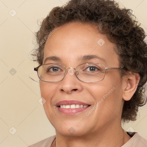 Joyful white adult female with short  brown hair and brown eyes