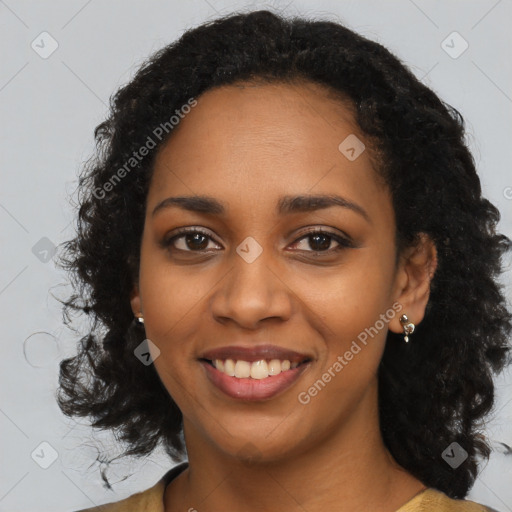 Joyful black young-adult female with medium  black hair and brown eyes