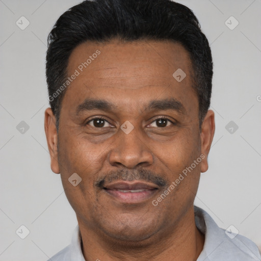Joyful latino adult male with short  black hair and brown eyes