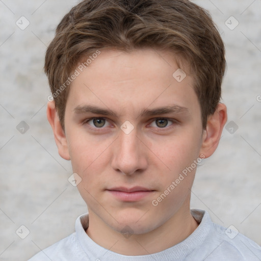 Neutral white young-adult male with short  brown hair and grey eyes