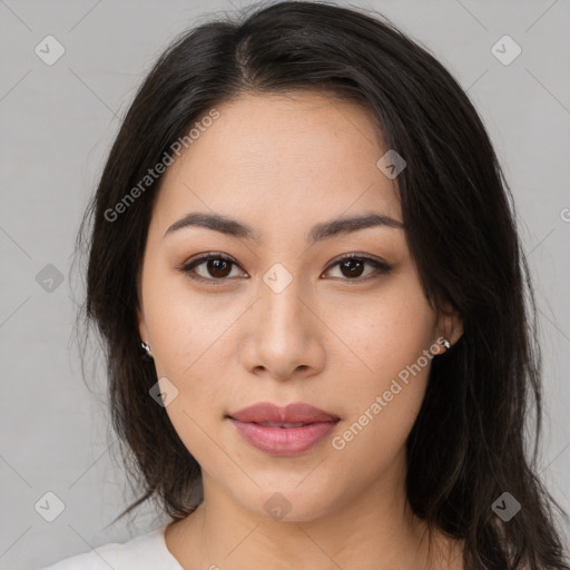 Neutral asian young-adult female with medium  brown hair and brown eyes