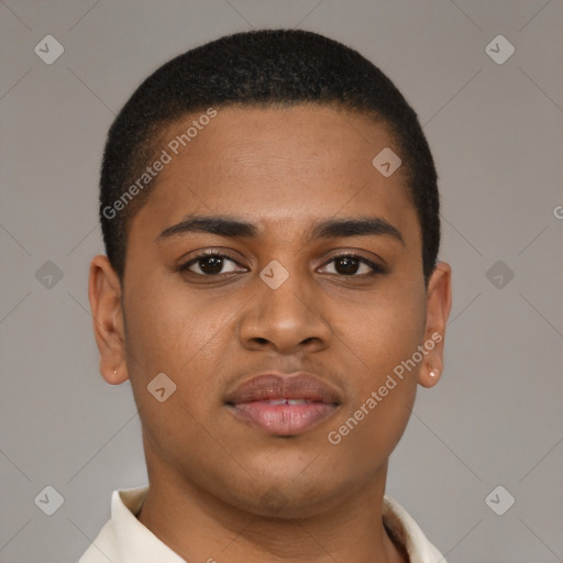 Joyful latino young-adult male with short  brown hair and brown eyes