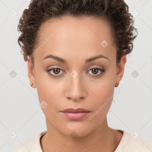 Neutral white young-adult female with short  brown hair and brown eyes