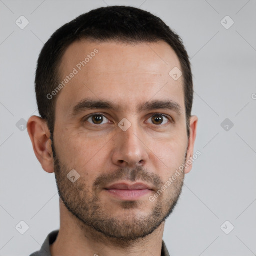 Neutral white young-adult male with short  brown hair and brown eyes