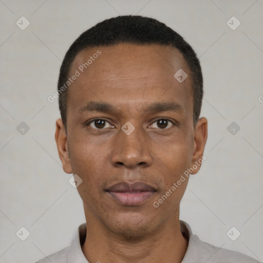 Neutral black young-adult male with short  black hair and brown eyes