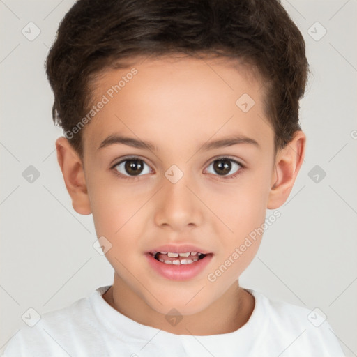 Joyful white child female with short  brown hair and brown eyes