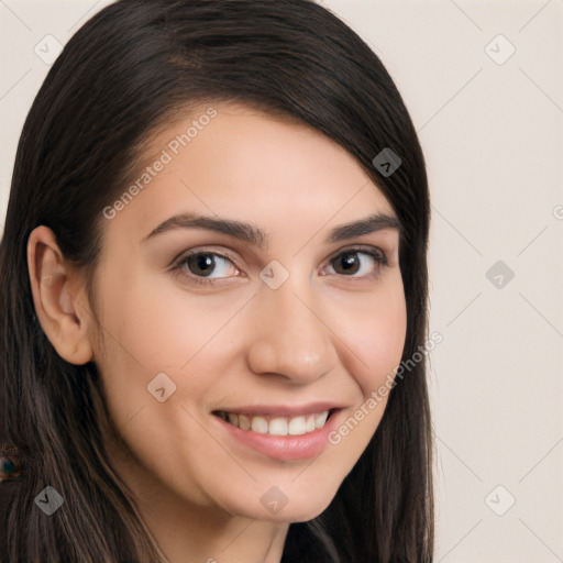 Joyful white young-adult female with long  brown hair and brown eyes