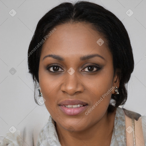 Joyful black young-adult female with medium  brown hair and brown eyes