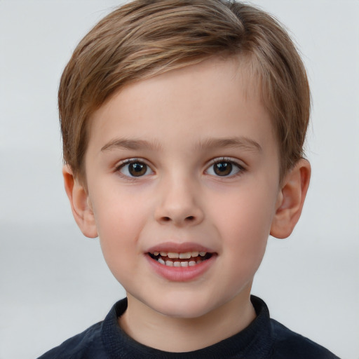 Joyful white child female with short  brown hair and brown eyes