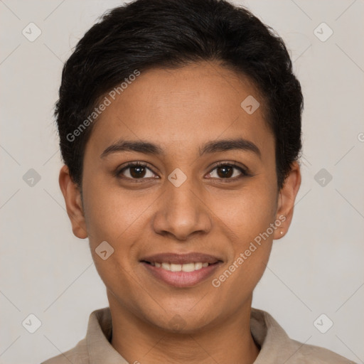 Joyful latino young-adult female with short  brown hair and brown eyes