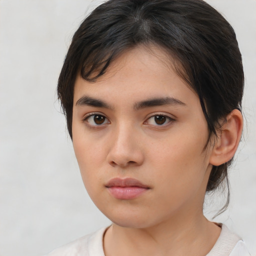 Neutral asian young-adult female with medium  brown hair and brown eyes