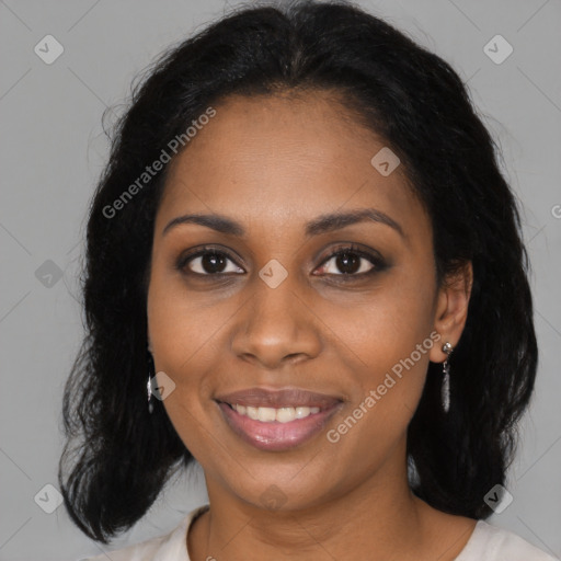 Joyful black young-adult female with medium  brown hair and brown eyes