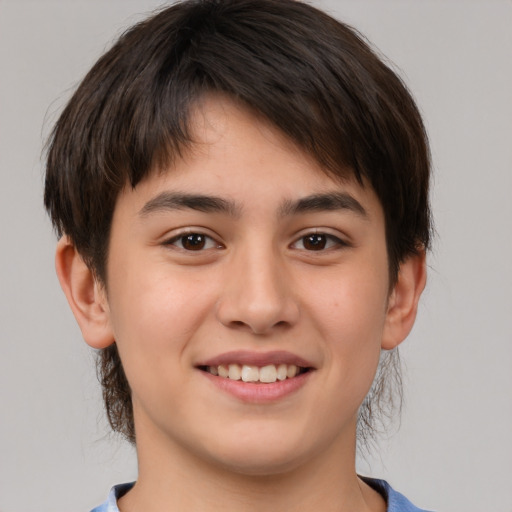 Joyful white young-adult male with medium  brown hair and brown eyes