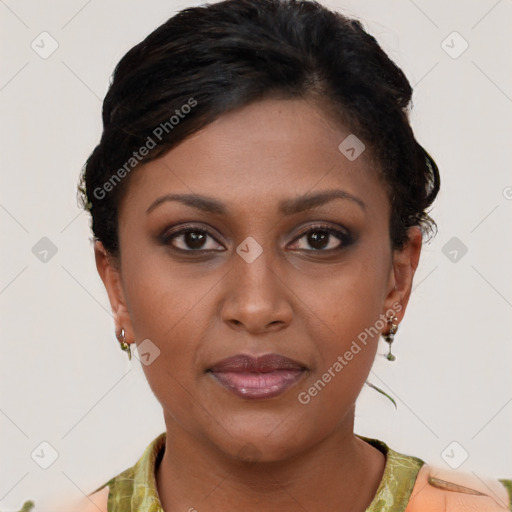 Joyful latino young-adult female with short  brown hair and brown eyes