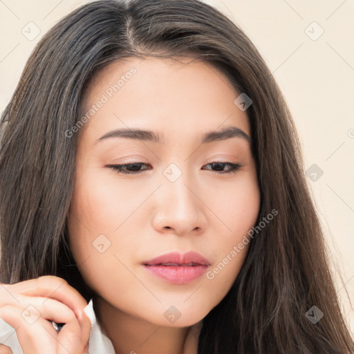 Neutral white young-adult female with long  brown hair and brown eyes