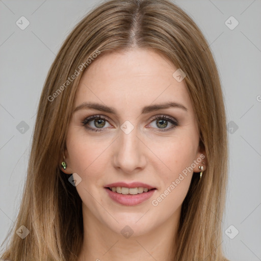 Joyful white young-adult female with long  brown hair and green eyes