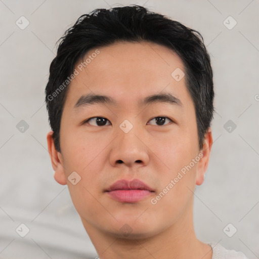 Neutral asian young-adult male with short  black hair and brown eyes