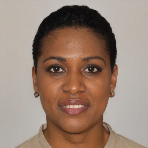 Joyful black young-adult female with short  black hair and brown eyes