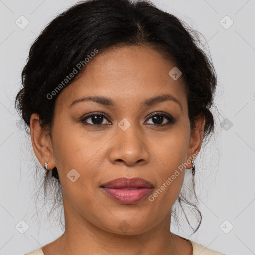 Joyful latino young-adult female with medium  brown hair and brown eyes