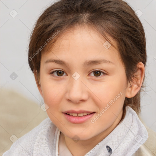 Joyful white child female with medium  brown hair and brown eyes