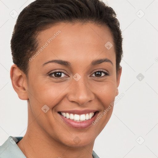 Joyful white young-adult female with short  brown hair and brown eyes