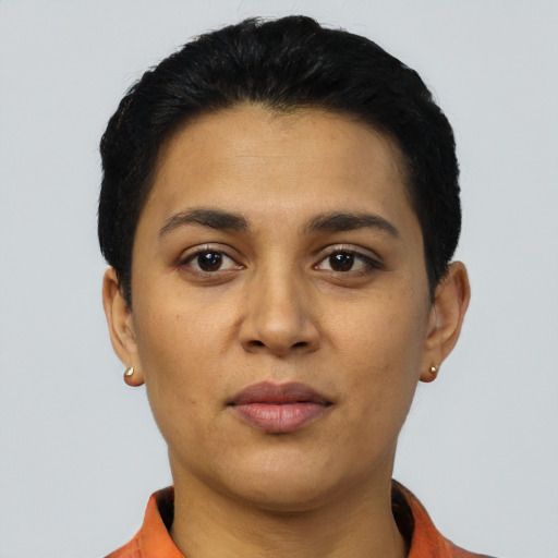 Neutral latino young-adult female with short  black hair and brown eyes