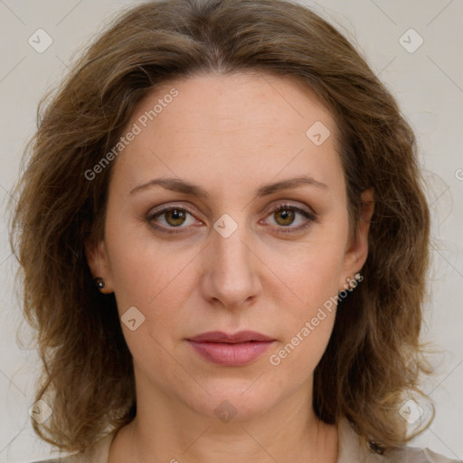 Joyful white young-adult female with medium  brown hair and green eyes