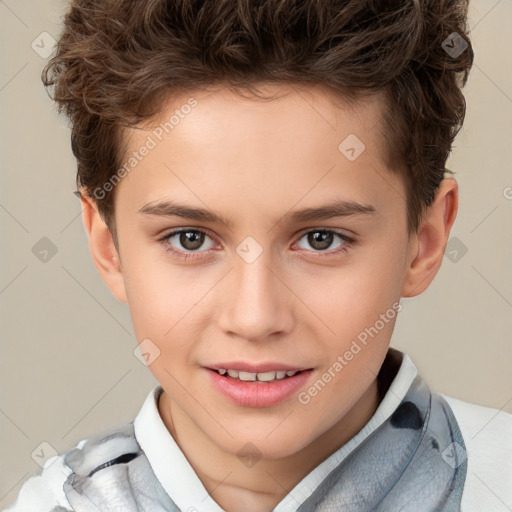 Joyful white child male with short  brown hair and brown eyes