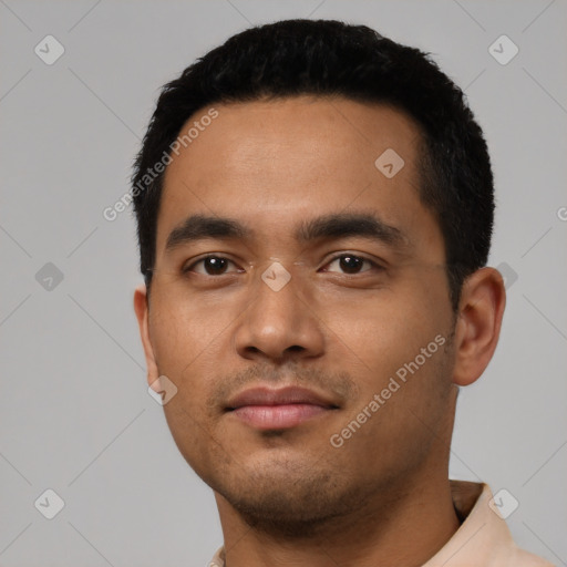 Neutral latino young-adult male with short  black hair and brown eyes