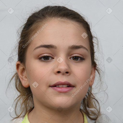 Joyful white child female with medium  brown hair and brown eyes