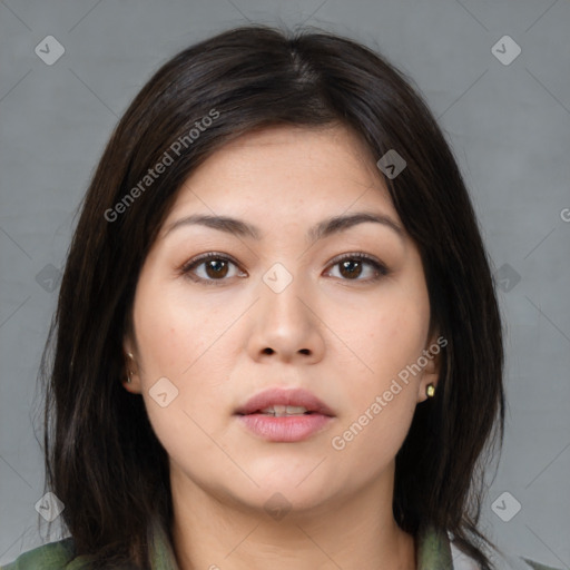 Neutral asian young-adult female with medium  brown hair and brown eyes