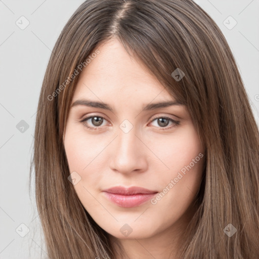 Neutral white young-adult female with long  brown hair and brown eyes