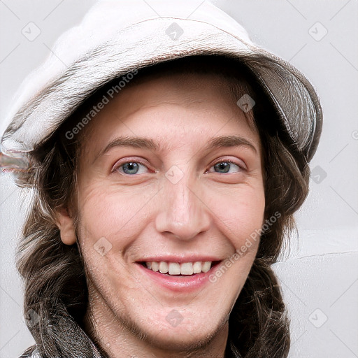 Joyful white adult female with medium  brown hair and blue eyes