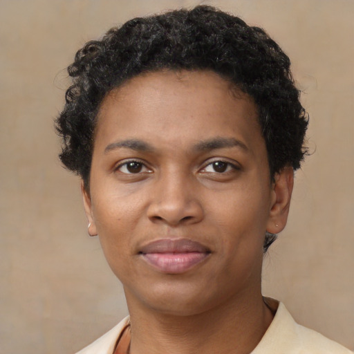 Neutral black young-adult female with short  brown hair and brown eyes