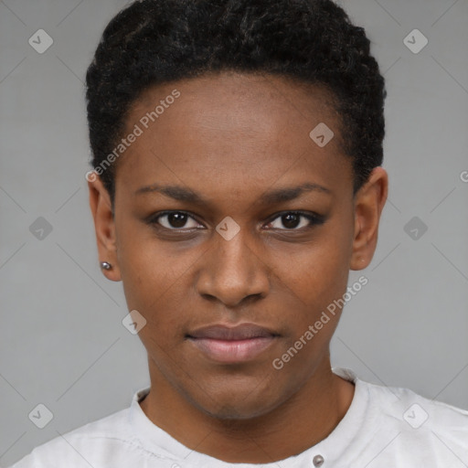 Neutral black young-adult female with short  black hair and brown eyes