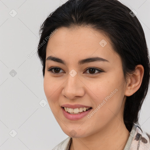 Joyful white young-adult female with medium  brown hair and brown eyes