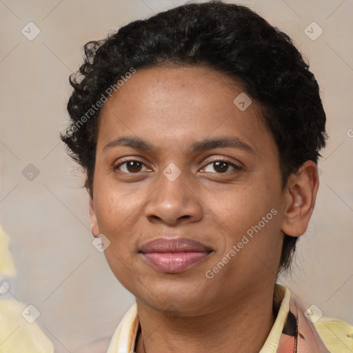 Joyful latino young-adult female with short  brown hair and brown eyes