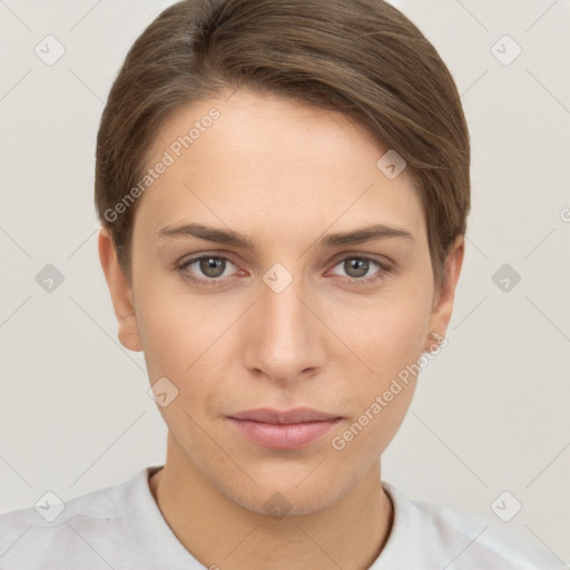 Neutral white young-adult female with short  brown hair and brown eyes