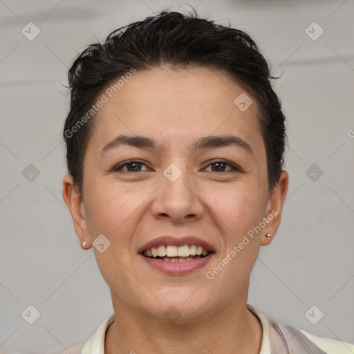 Joyful white young-adult female with short  brown hair and brown eyes