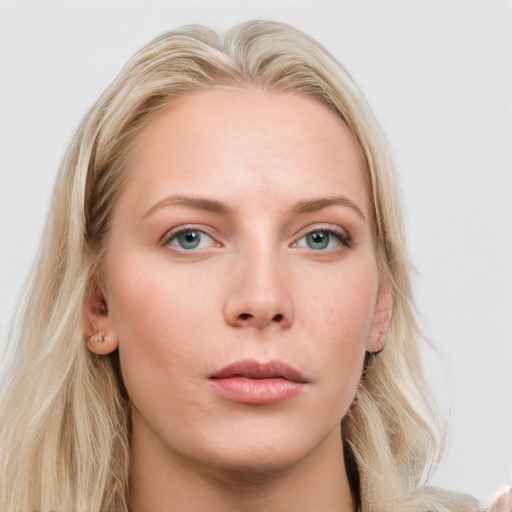 Neutral white young-adult female with long  brown hair and blue eyes