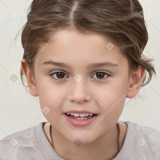 Joyful white child female with medium  brown hair and brown eyes