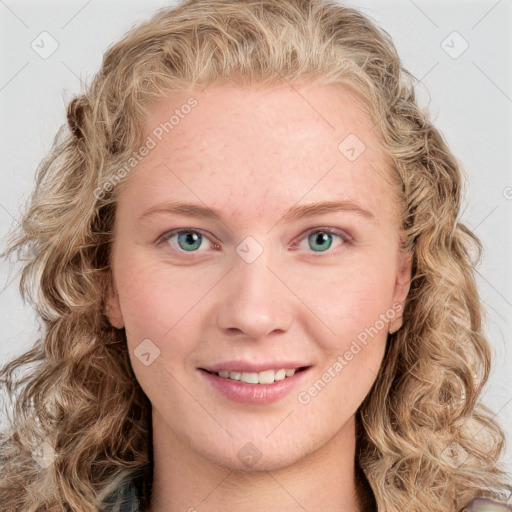 Joyful white young-adult female with long  brown hair and blue eyes