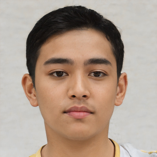 Neutral asian young-adult male with short  black hair and brown eyes