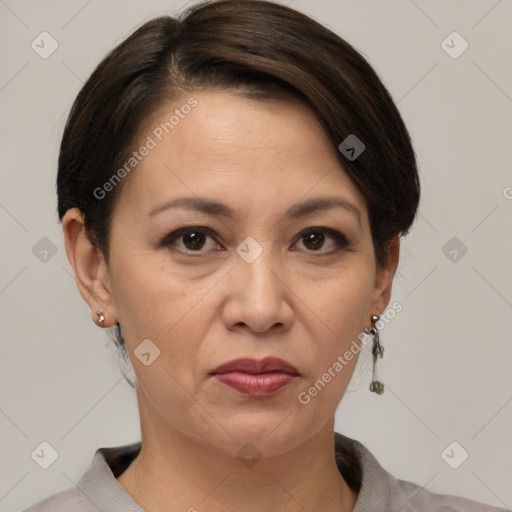 Joyful white adult female with short  brown hair and brown eyes