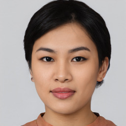 Neutral asian young-adult female with short  black hair and brown eyes
