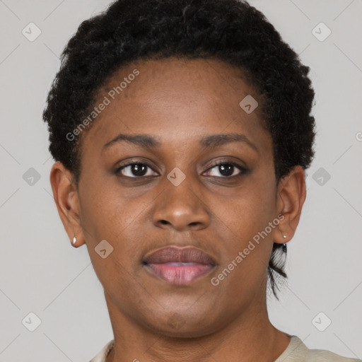 Neutral black young-adult female with short  brown hair and brown eyes